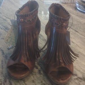 Roper Tan Fringe Peep-Toe Heels